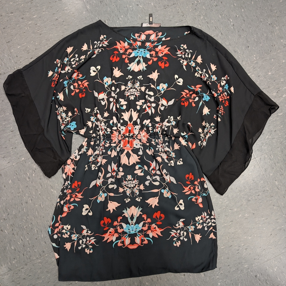BCBGMaxAzria Black Floral Tunic with Kimono Sleeves